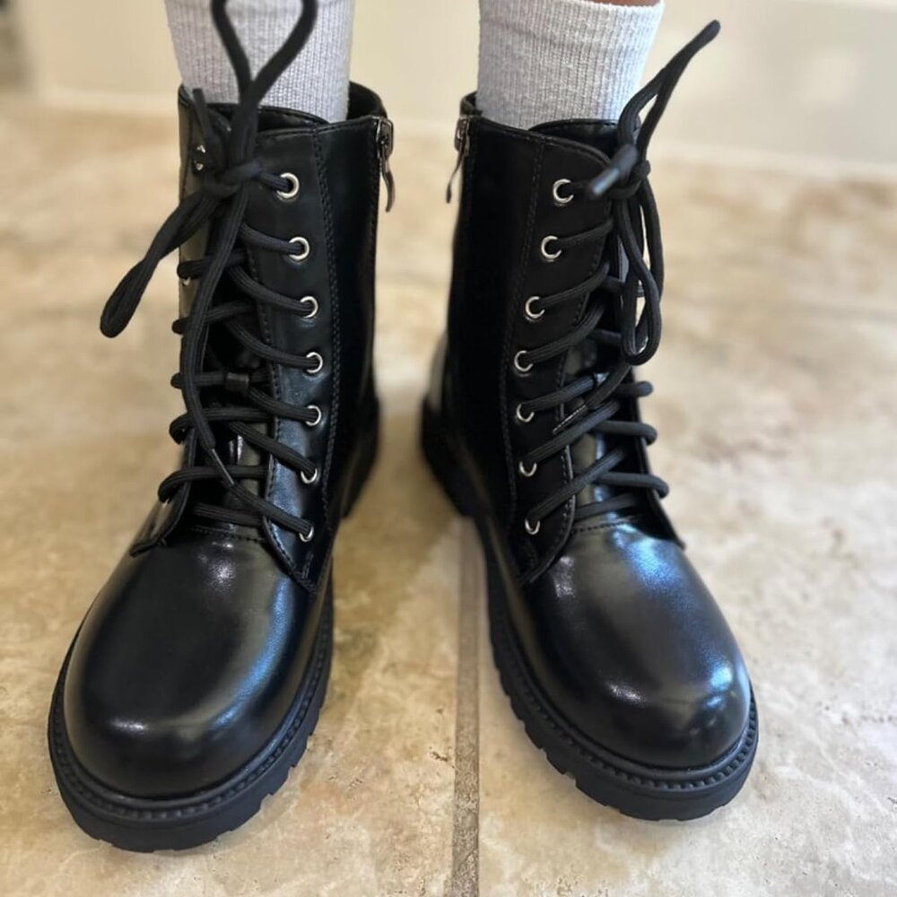 🆕Girls Boys Black Polyurethane Side Zipper Combat Ankle Boots Little Big Kid